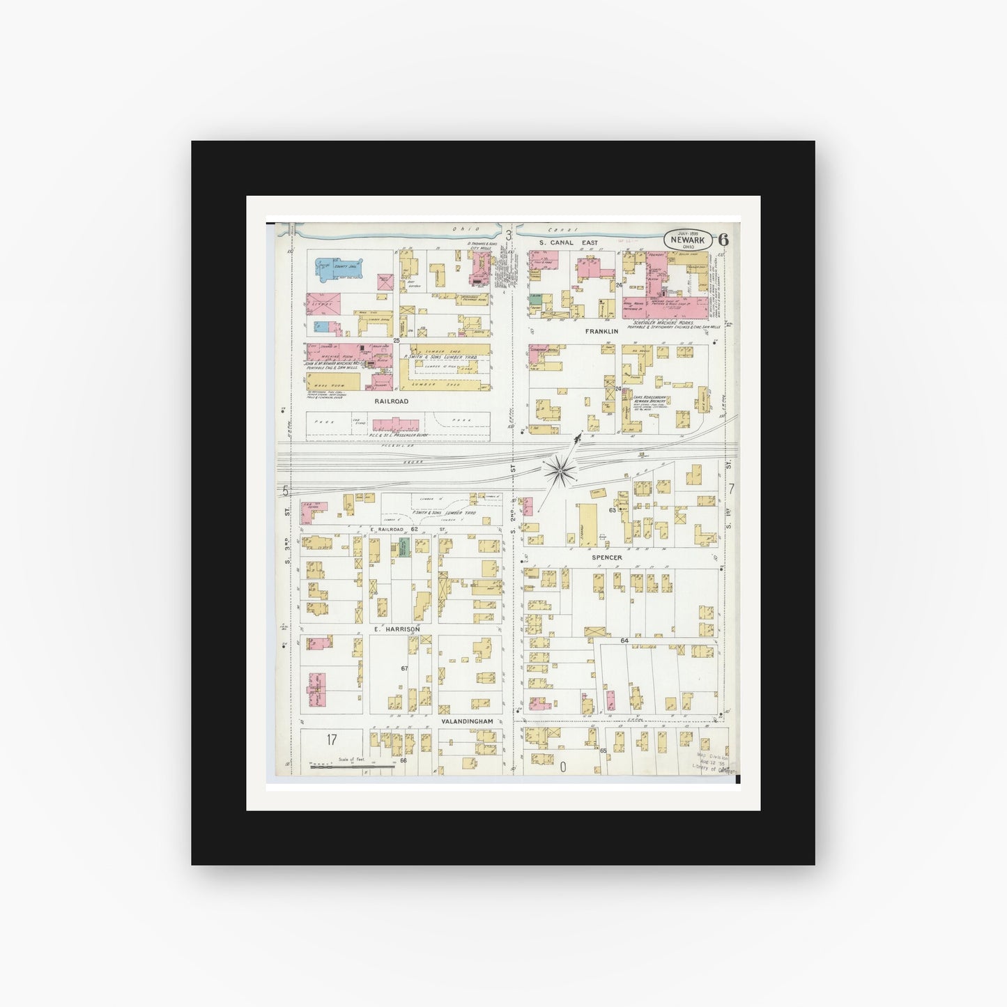Old map wall art mockup — black gallery frame with white mat — Sanborn Fire Insurance Map from Newark, Licking County, Ohio (1899), Sheet #0006