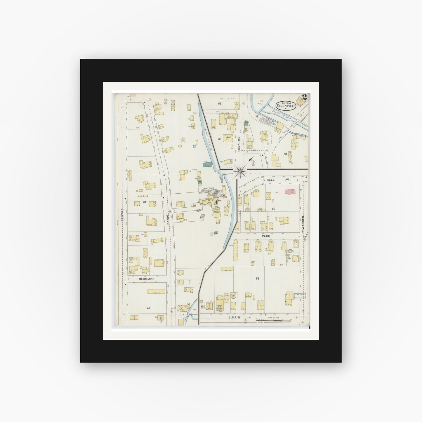 Old map wall art mockup — black gallery frame with white mat — Sanborn Fire Insurance Map from Ellenville, Ulster County, New York (1894) - Complete Map Set