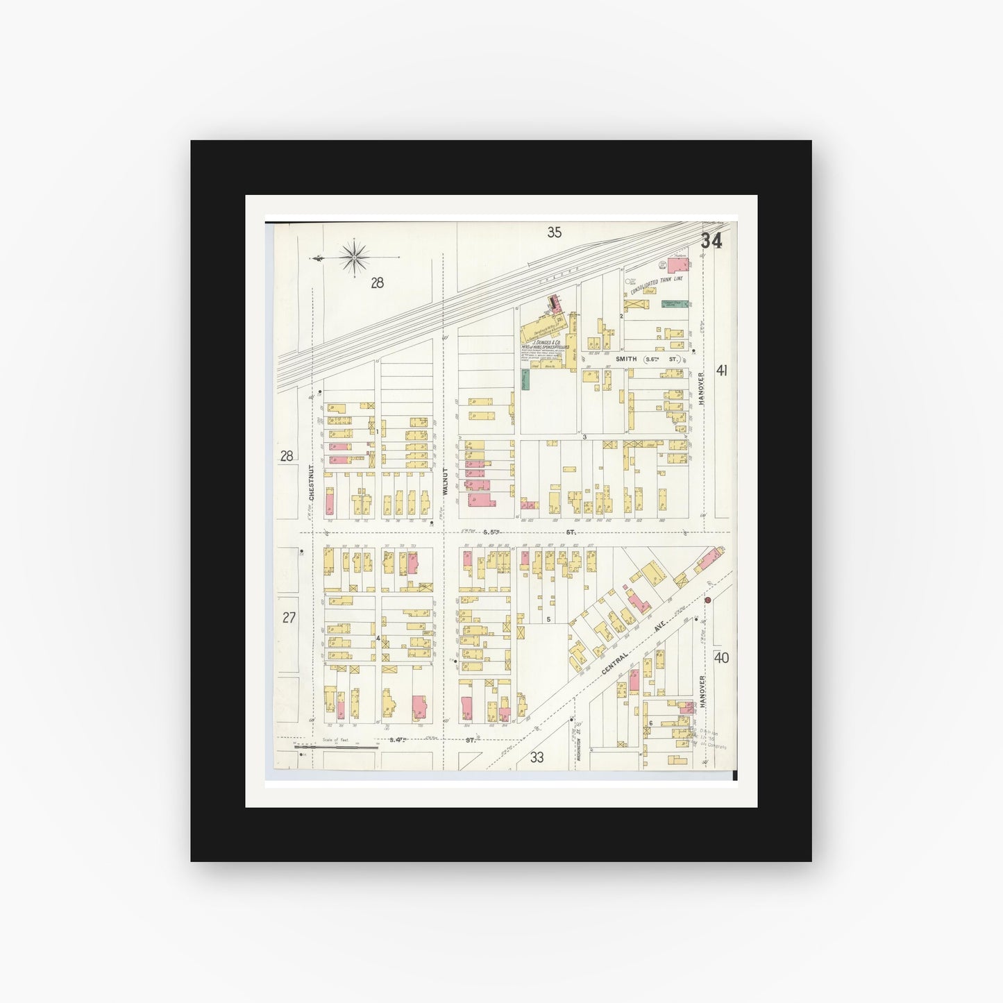 Old map wall art mockup — black gallery frame with white mat — Sanborn Fire Insurance Map from Hamilton, Butler County, Ohio (1899), Sheet #0034