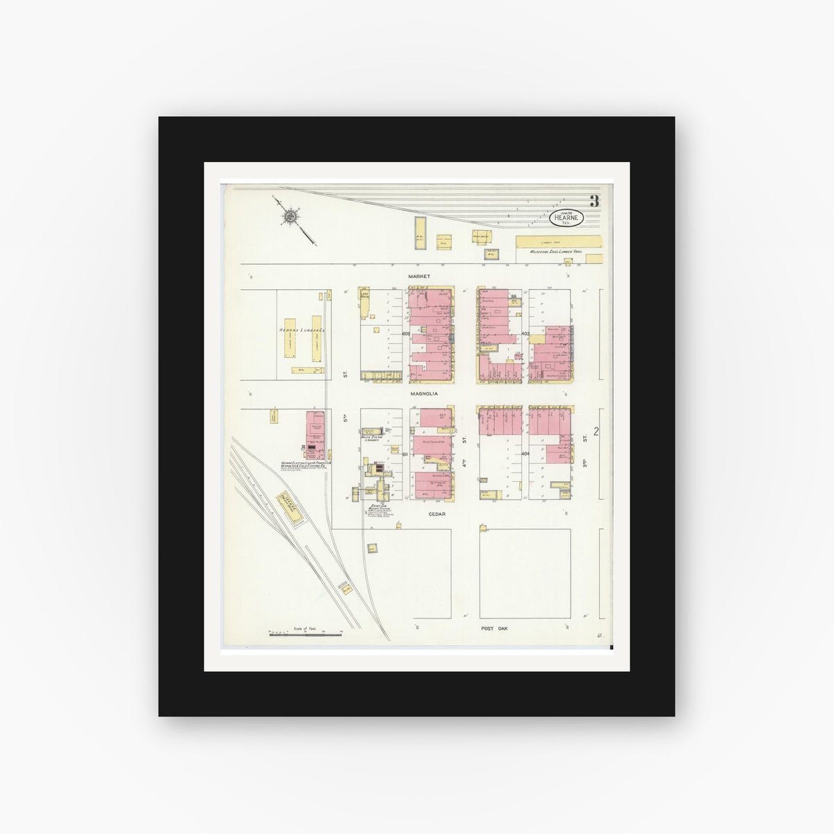 Old map wall art mockup — black gallery frame with white mat — Sanborn Fire Insurance Map from Hearne, Robertson County, Texas (1911), Sheet #0003
