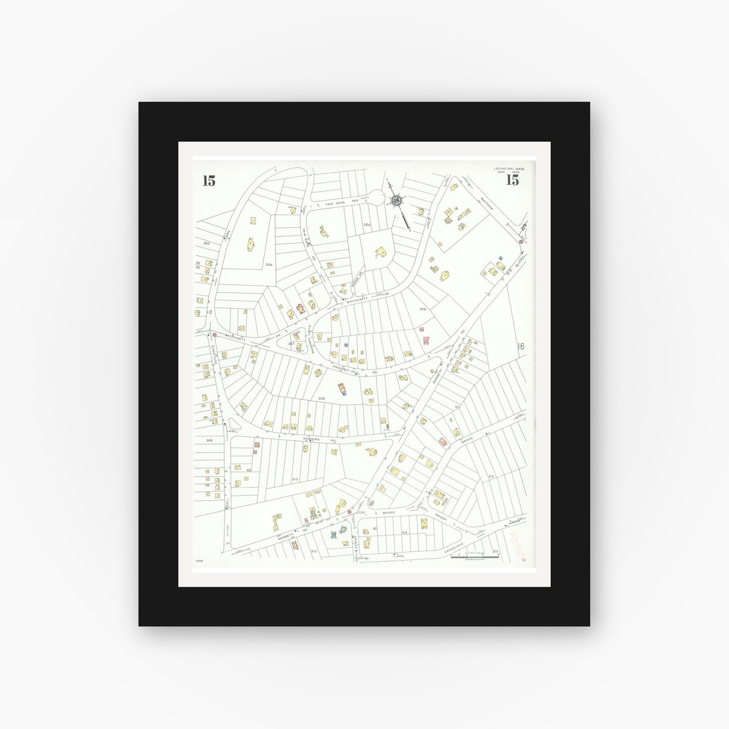 Old map wall art mockup — black gallery frame with white mat — Sanborn Fire Insurance Map from Lexington, Middlesex County, Massachusetts (1935), Sheet #0015
