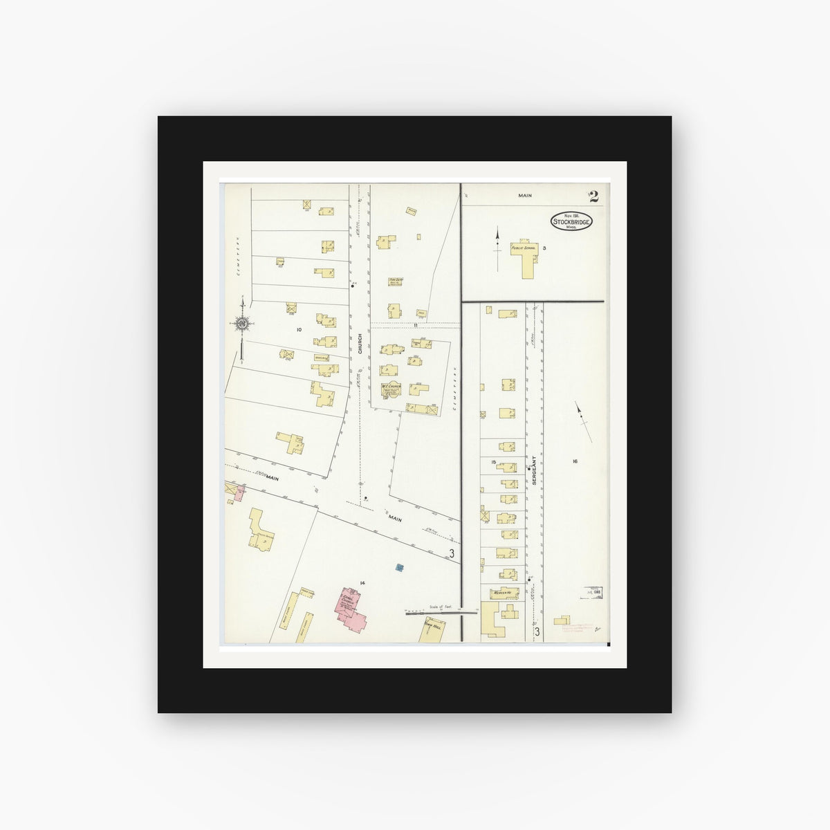 Old map wall art mockup — black gallery frame with white mat — Sanborn Fire Insurance Map from Stockbridge, Berkshire County, Massachusetts (1911), Sheet #0002