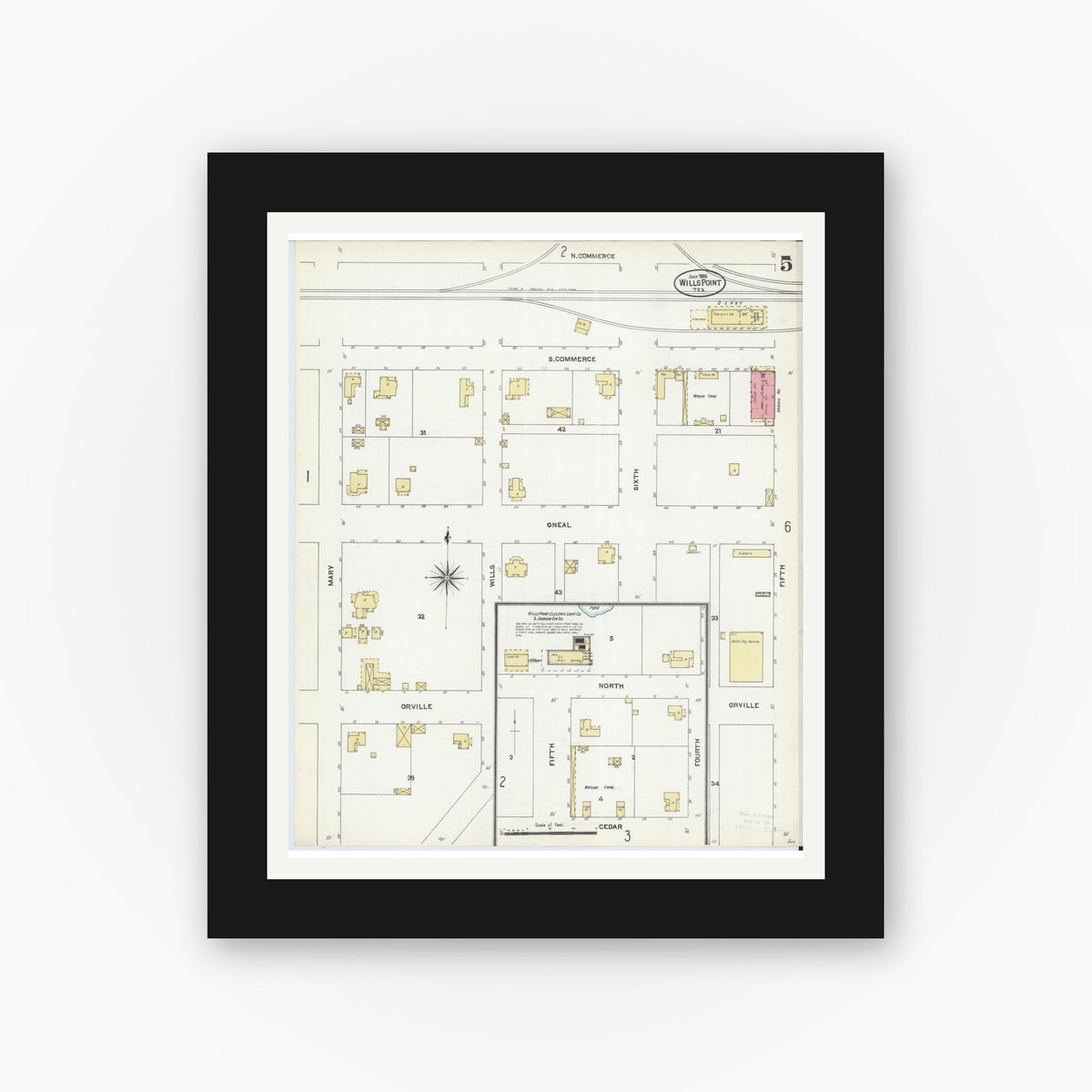 Old map wall art mockup — black gallery frame with white mat — Sanborn Fire Insurance Map from Wills Point, Van Zandt County, Texas (1906), Sheet #0005