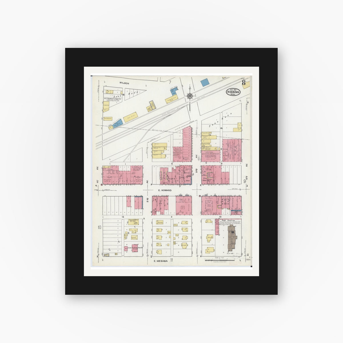 Old map wall art mockup — black gallery frame with white mat — Sanborn Fire Insurance Map from Hibbing, Saint Louis County, Minnesota (1921), Sheet #0008