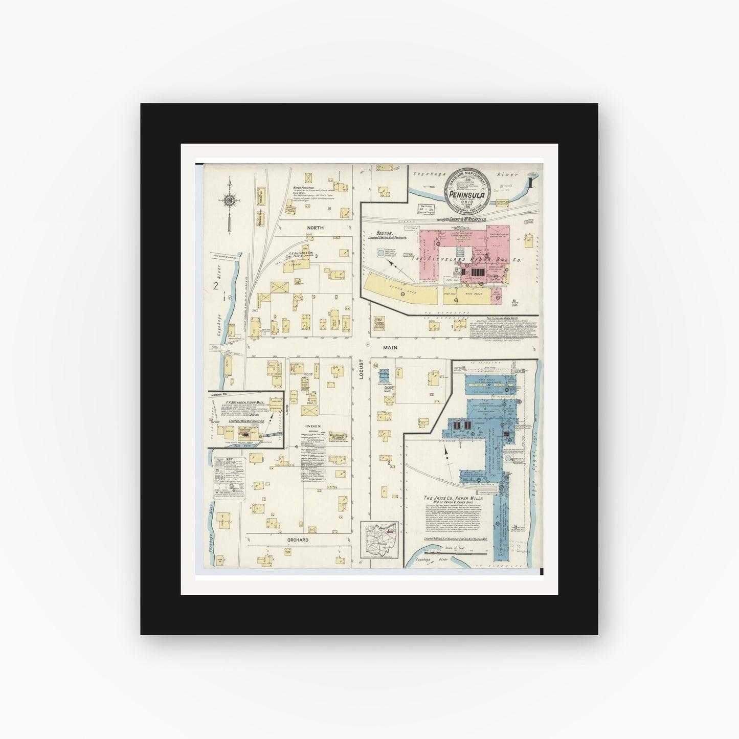 Old map wall art mockup — black gallery frame with white mat — Sanborn Fire Insurance Map from Peninsula, Summit County, Ohio (1916), Sheet #0001