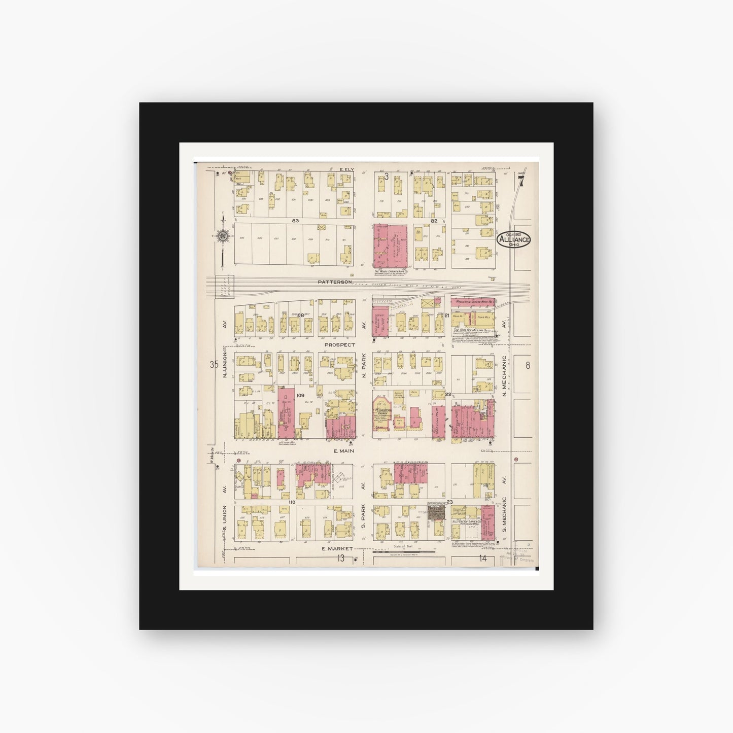 Old map wall art mockup — black gallery frame with white mat — Sanborn Fire Insurance Map from Alliance, Stark County, Ohio (1921), Sheet #0007