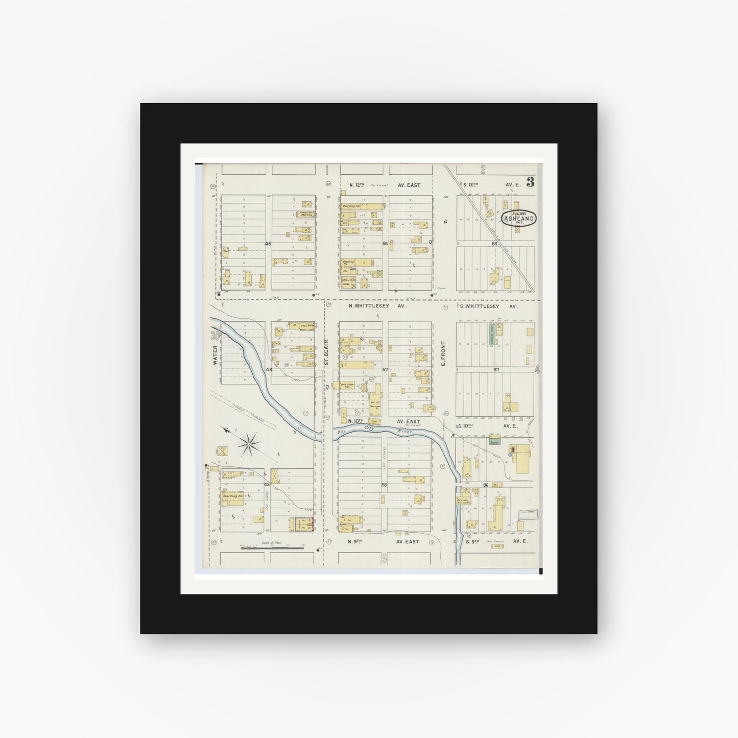 Old map wall art mockup — black gallery frame with white mat — Sanborn Fire Insurance Map from Ashland, Ashland County, Wisconsin (1895), Sheet #0003