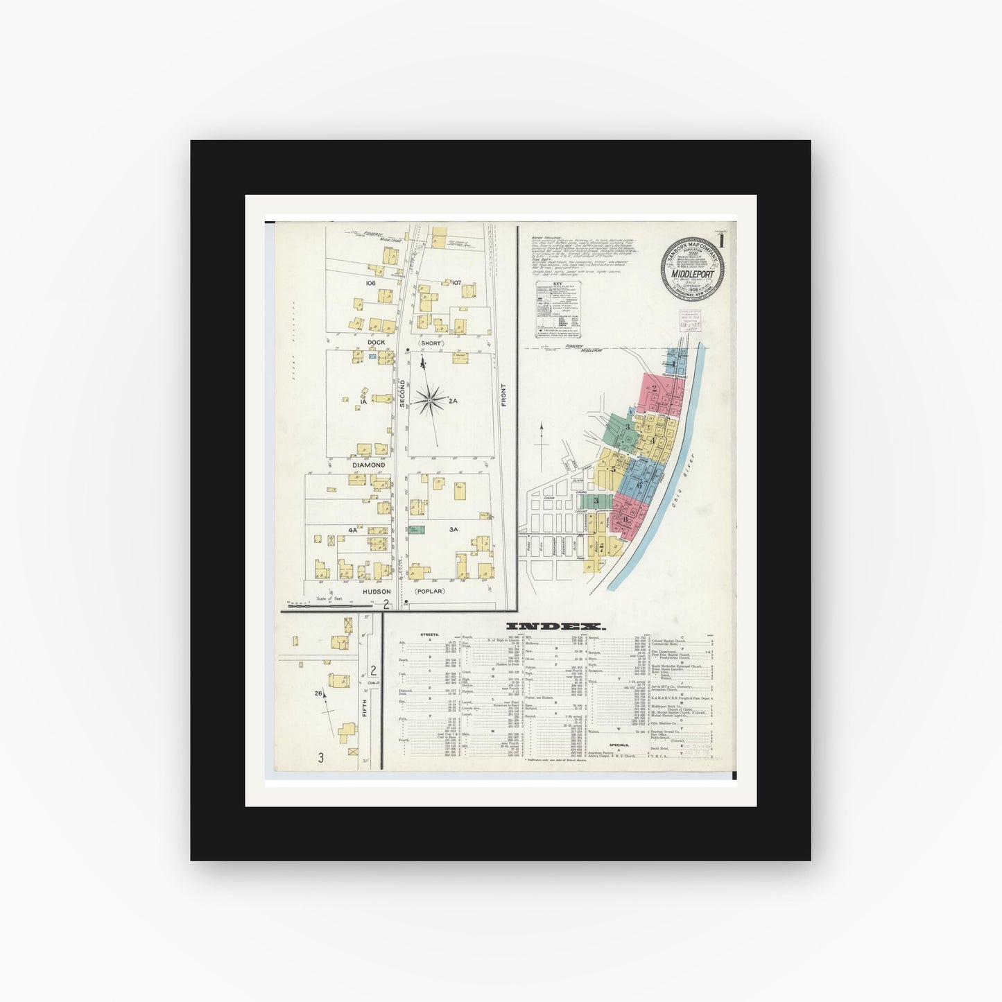 Old map wall art mockup — black gallery frame with white mat — Sanborn Fire Insurance Map from Middleport, Meigs County, Ohio (1908) - Complete Map Set