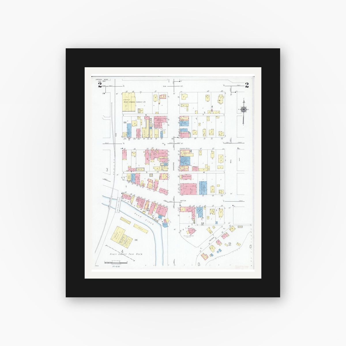 Old map wall art mockup — black gallery frame with white mat — Sanborn Fire Insurance Map from Jordan, Scott County, Minnesota (1947), Sheet #0002