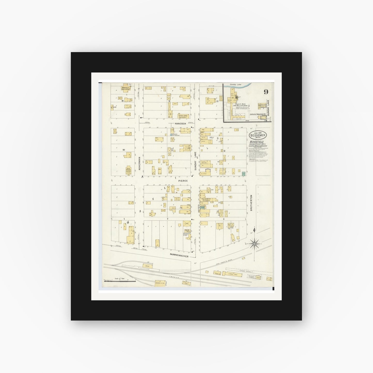 Old map wall art mockup — black gallery frame with white mat — Sanborn Fire Insurance Map from Bessemer, Gogebic County, Michigan (1908), Sheet #0009