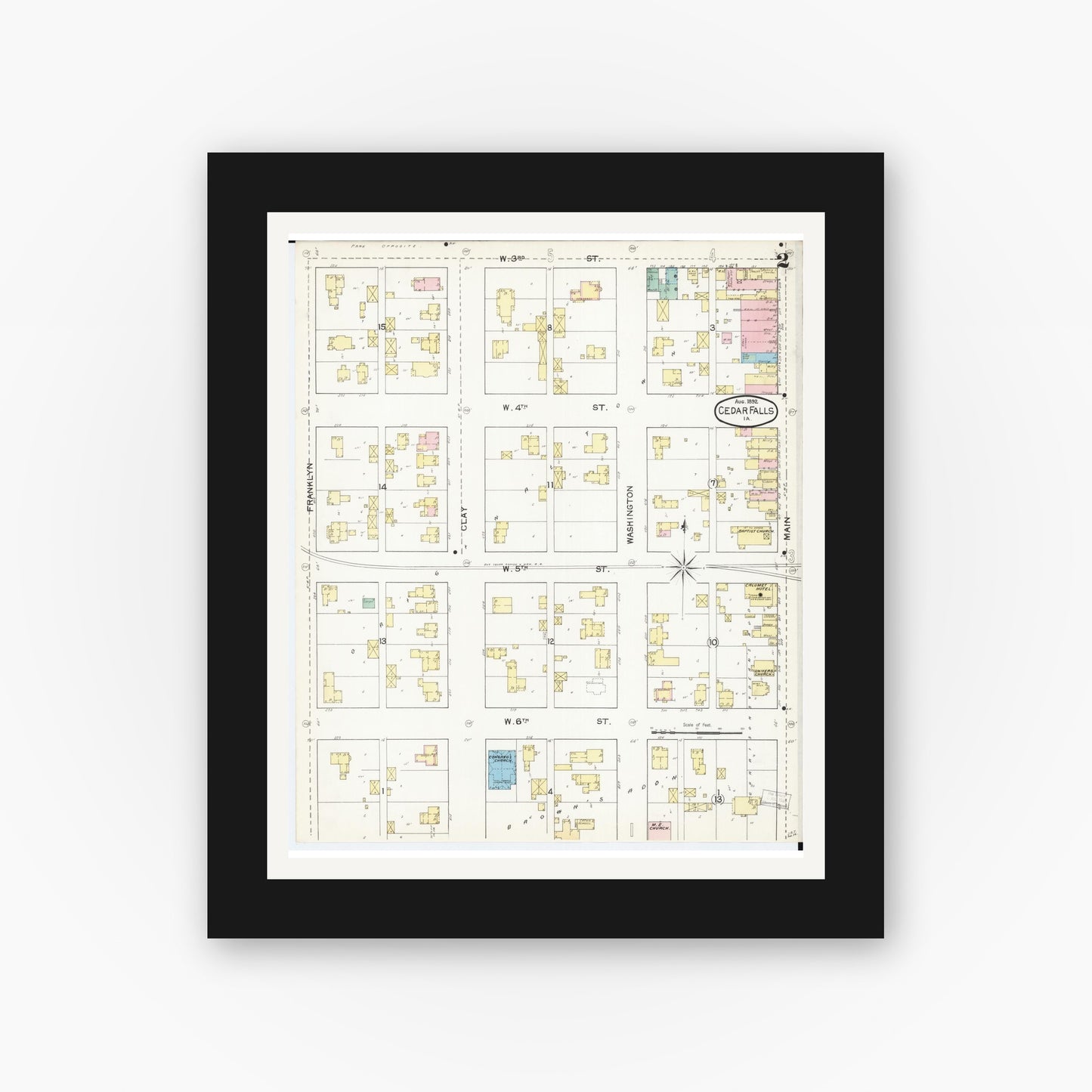 Old map wall art mockup — black gallery frame with white mat — Sanborn Fire Insurance Map from Cedar Falls, Black Hawk County, Iowa (1892), Sheet #0002