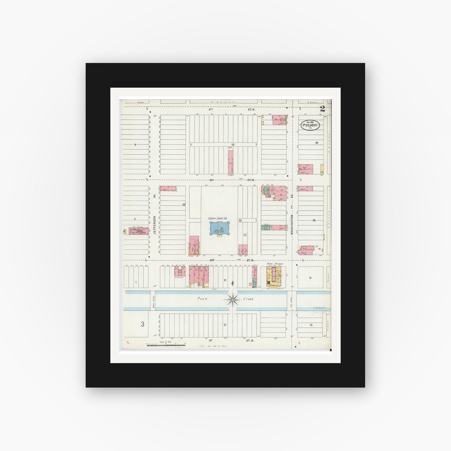 Old map wall art mockup — black gallery frame with white mat — Sanborn Fire Insurance Map from Pulaski, Pulaski County, Virginia (1898), Sheet #0002