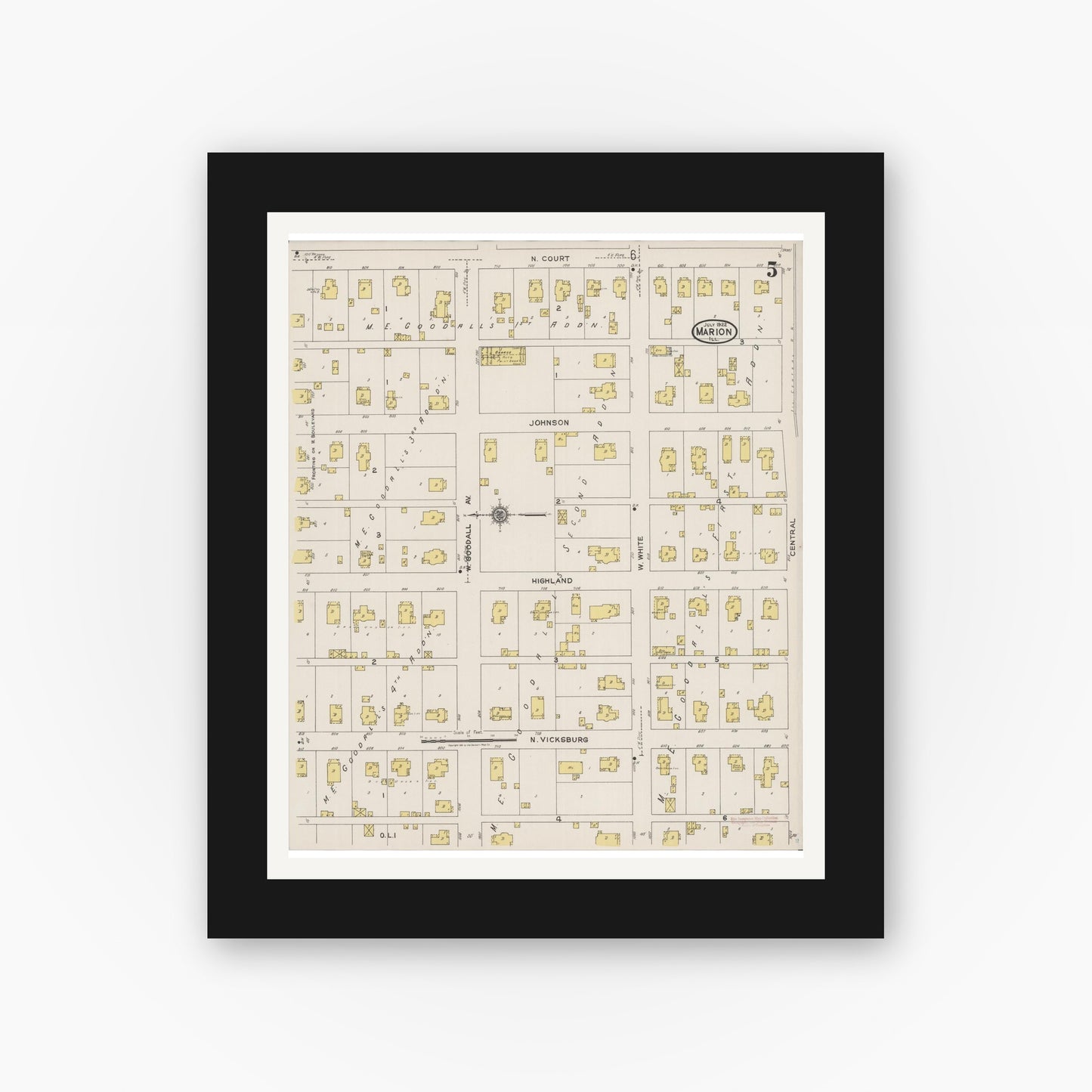 Old map wall art mockup — black gallery frame with white mat — Sanborn Fire Insurance Map from Marion, Williamson County, Illinois (1922), Sheet #0005