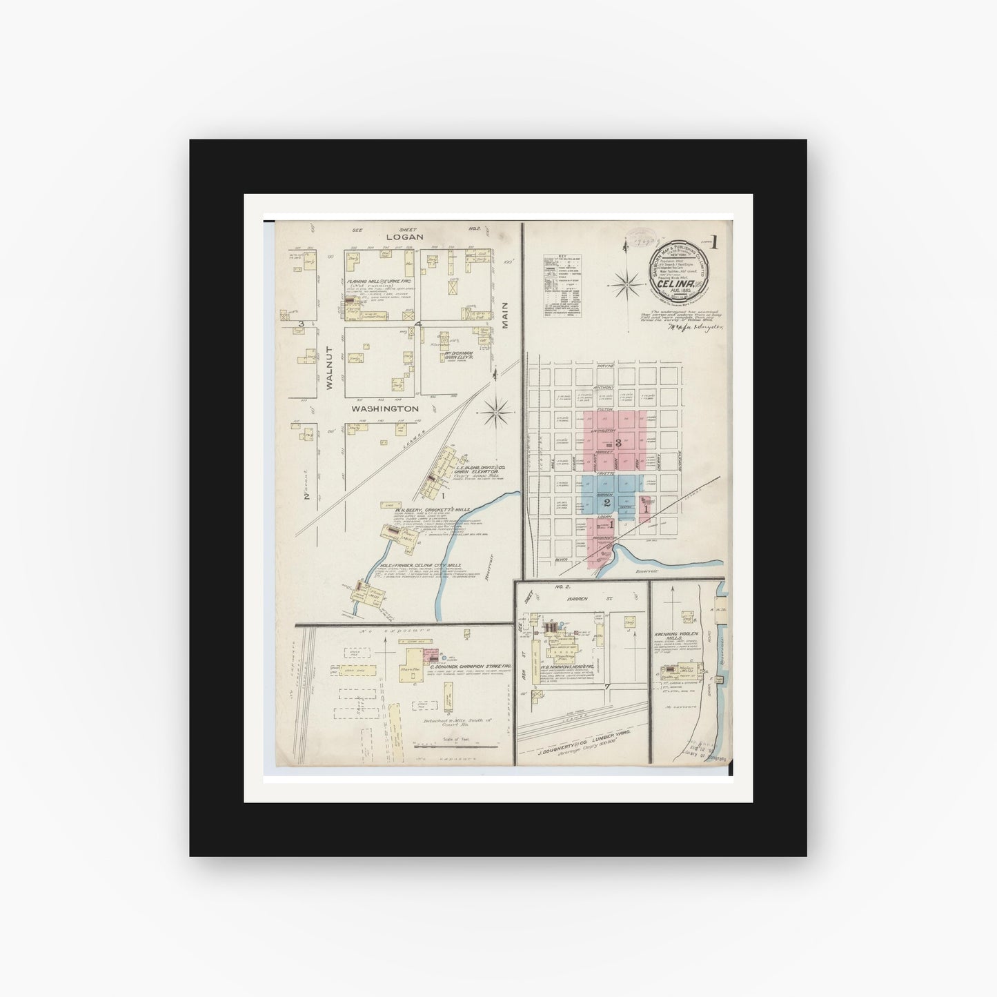 Old map wall art mockup — black gallery frame with white mat — Sanborn Fire Insurance Map from Celina, Mercer County, Ohio (1885), Sheet #0001