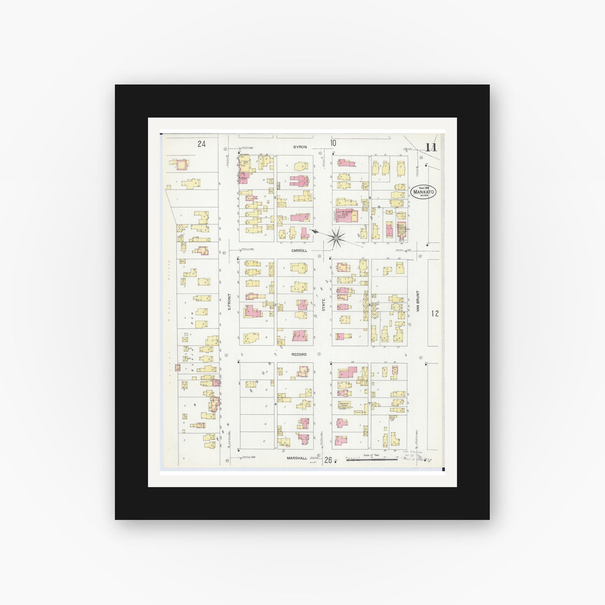 Old map wall art mockup — black gallery frame with white mat — Sanborn Fire Insurance Map from Mankato, Blue Earth County, Minnesota (1908), Sheet #0011