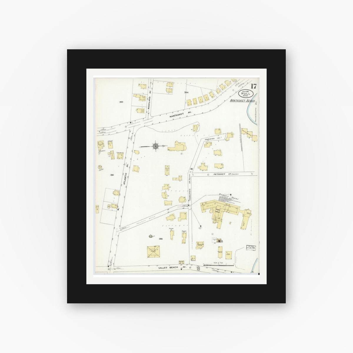 Old map wall art mockup — black gallery frame with white mat — Sanborn Fire Insurance Map from Hull, Plymouth County, Massachusetts (1910), Sheet #0017