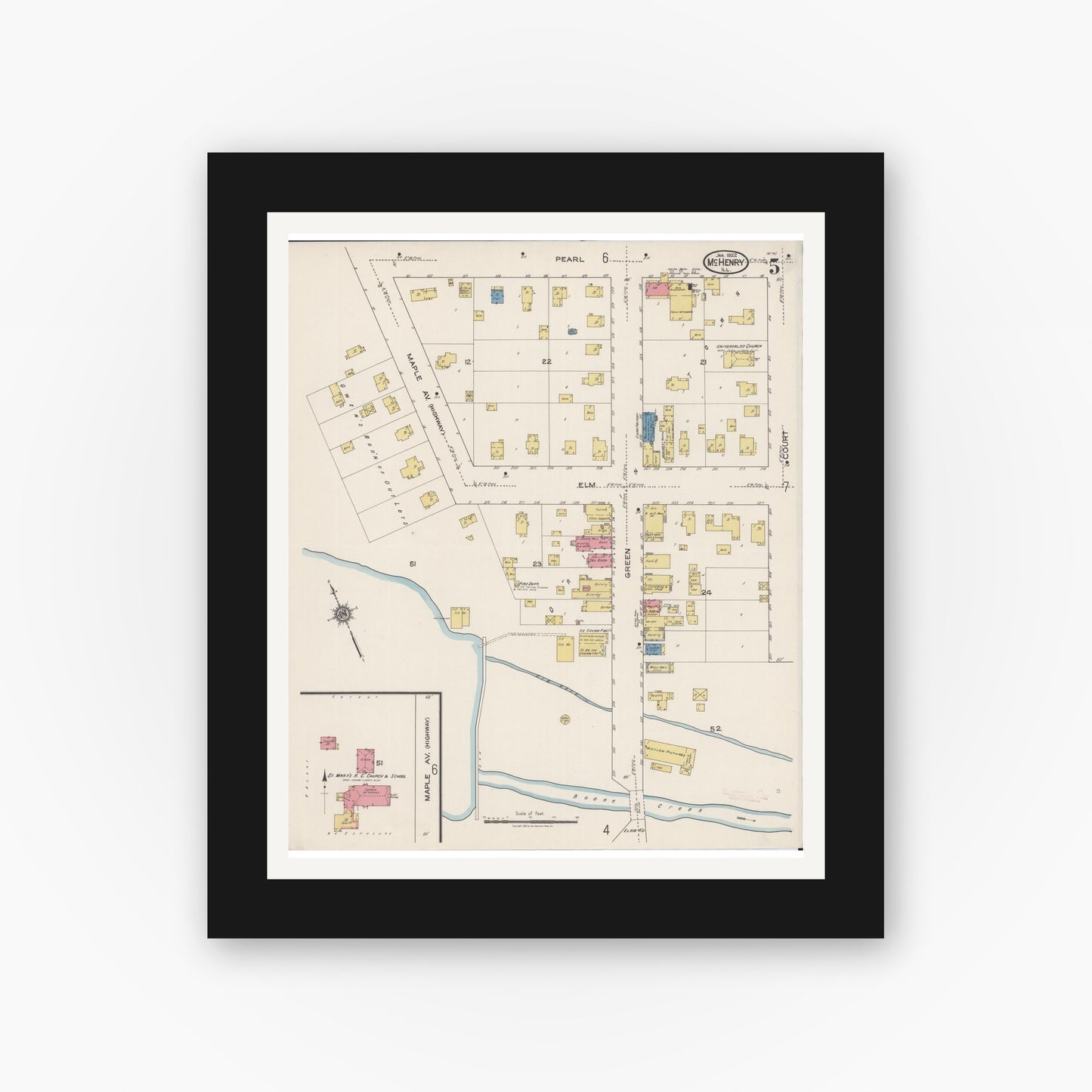 Old map wall art mockup — black gallery frame with white mat — Sanborn Fire Insurance Map from McHenry, McHenry County, Illinois (1922), Sheet #0005