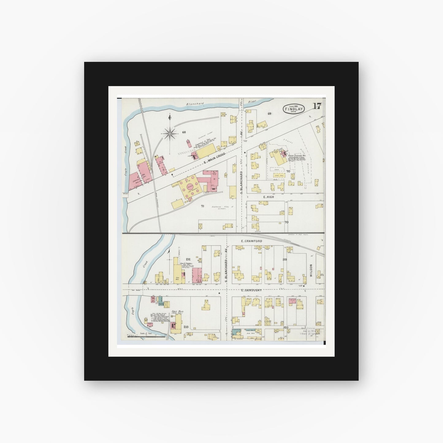 Old map wall art mockup — black gallery frame with white mat — Sanborn Fire Insurance Map from Findlay, Hancock County, Ohio (1895), Sheet #0017
