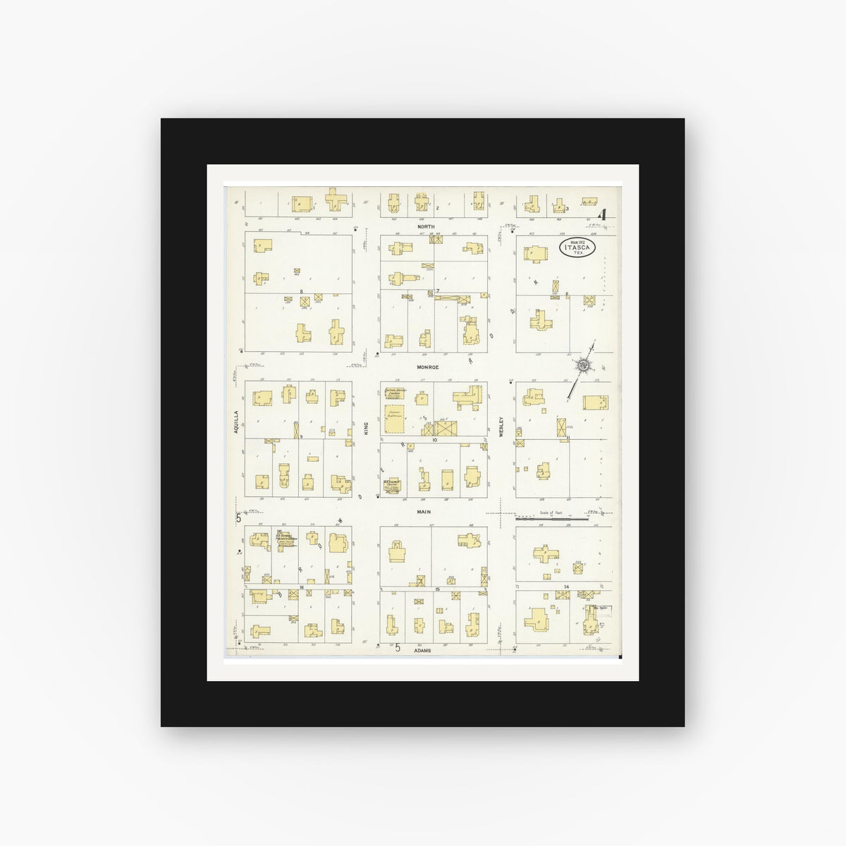 Old map wall art mockup — black gallery frame with white mat — Sanborn Fire Insurance Map from Itasca, Hill County, Texas (1912), Sheet #0004