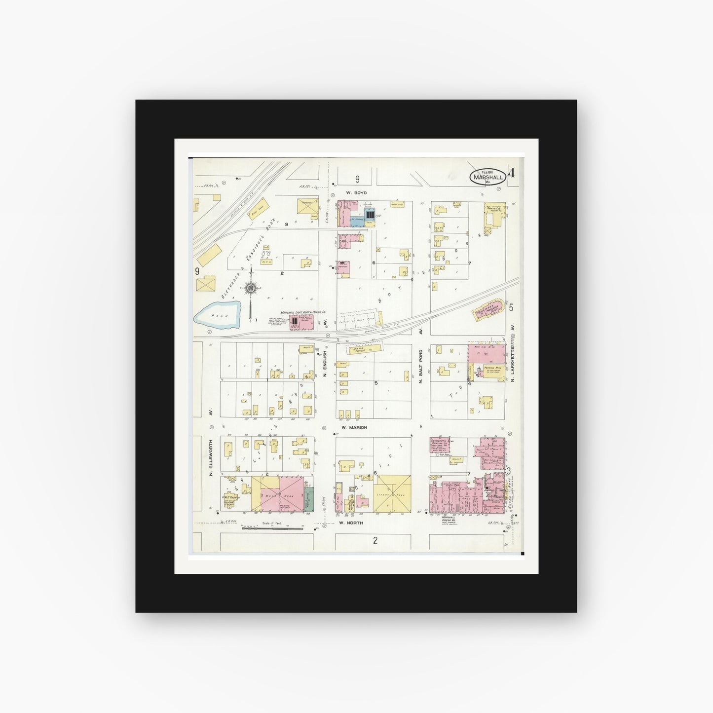 Old map wall art mockup — black gallery frame with white mat — Sanborn Fire Insurance Map from Marshall, Saline County, Missouri (1910), Sheet #0004