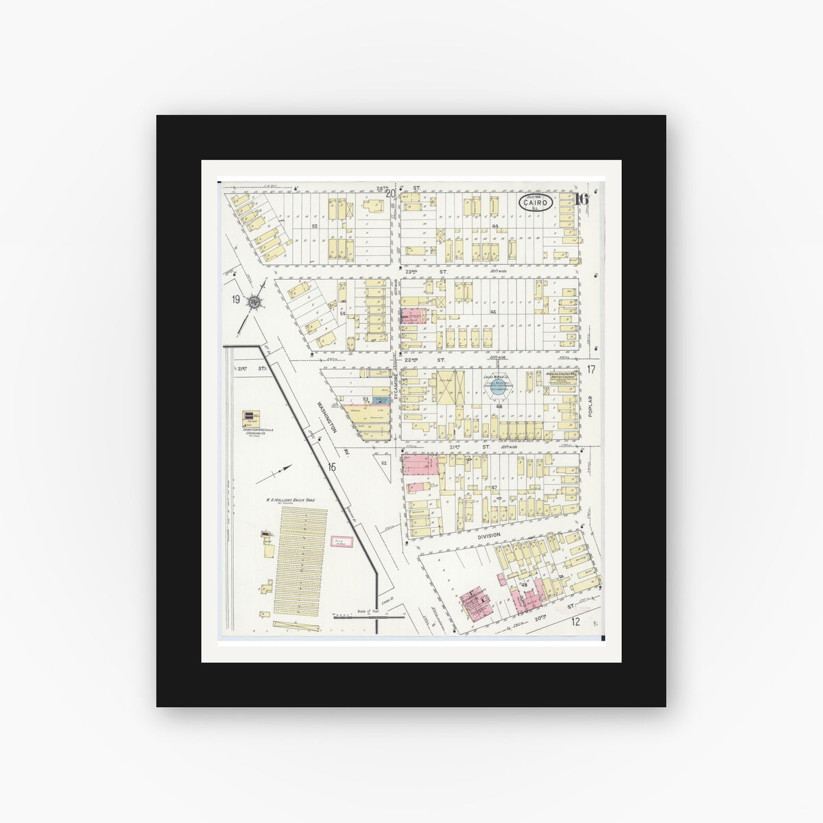 Old map wall art mockup — black gallery frame with white mat — Sanborn Fire Insurance Map from Cairo, Alexander County, Illinois (1914), Sheet #0016