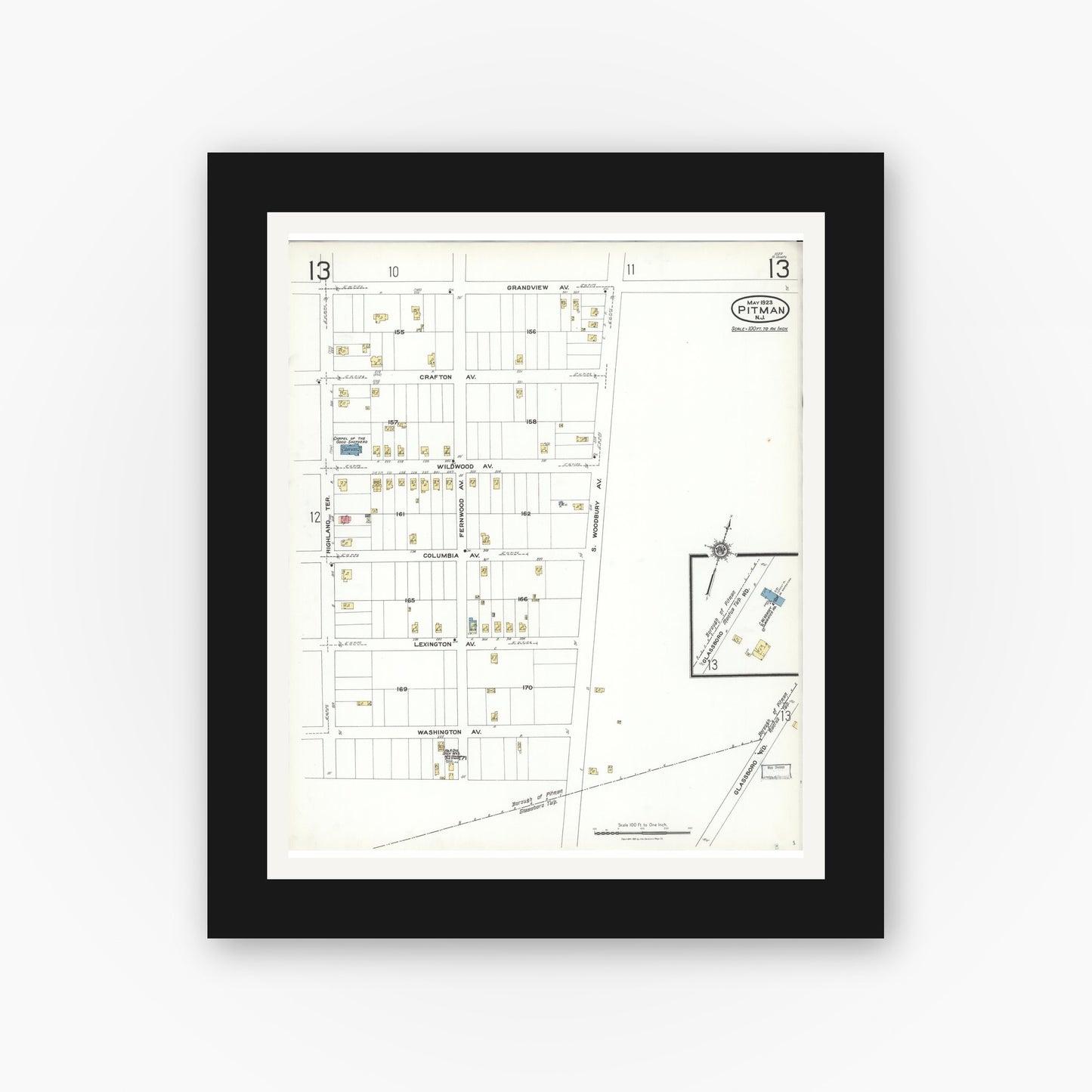 Old map wall art mockup — black gallery frame with white mat — Sanborn Fire Insurance Map from Pitman, Gloucester County, New Jersey (1923), Sheet #0013