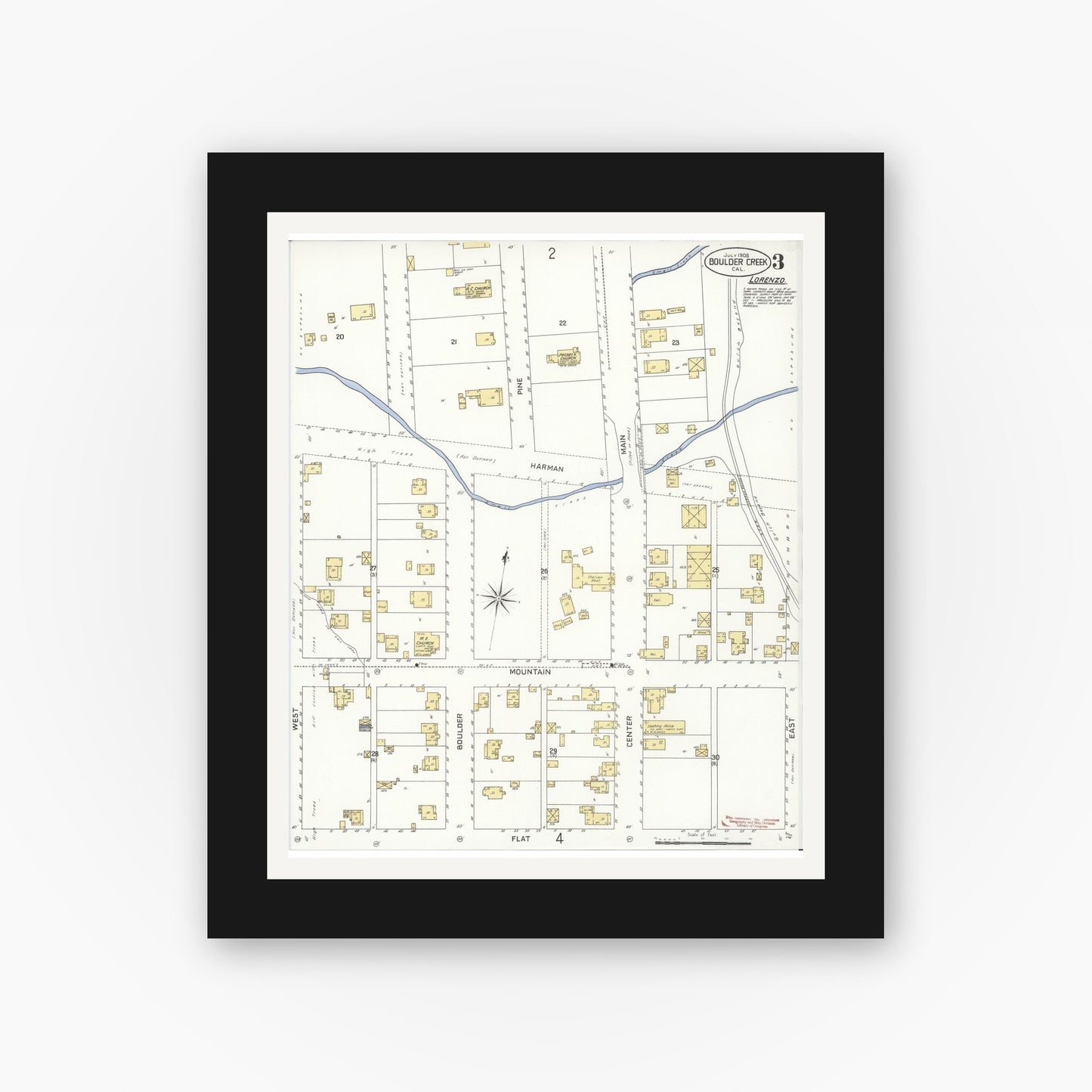Old map wall art mockup — black gallery frame with white mat — Sanborn Fire Insurance Map from Boulder Creek, Santa Cruz County, California (1908), Sheet #0003