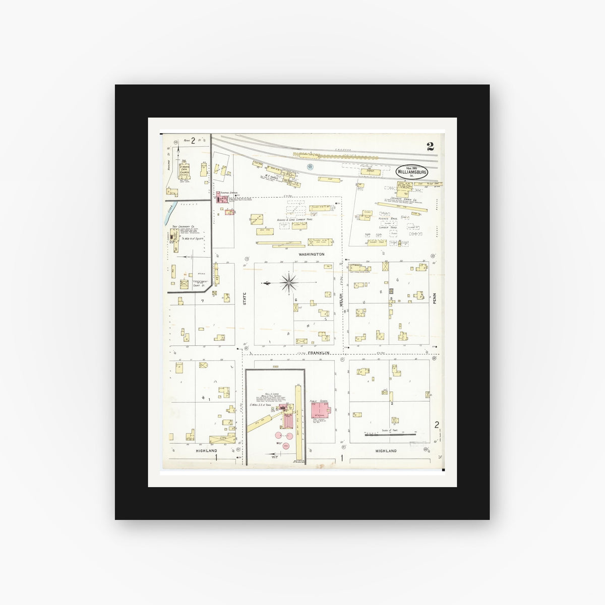 Old map wall art mockup — black gallery frame with white mat — Sanborn Fire Insurance Map from Williamsburg, Iowa County, Iowa (1906), Sheet #0002