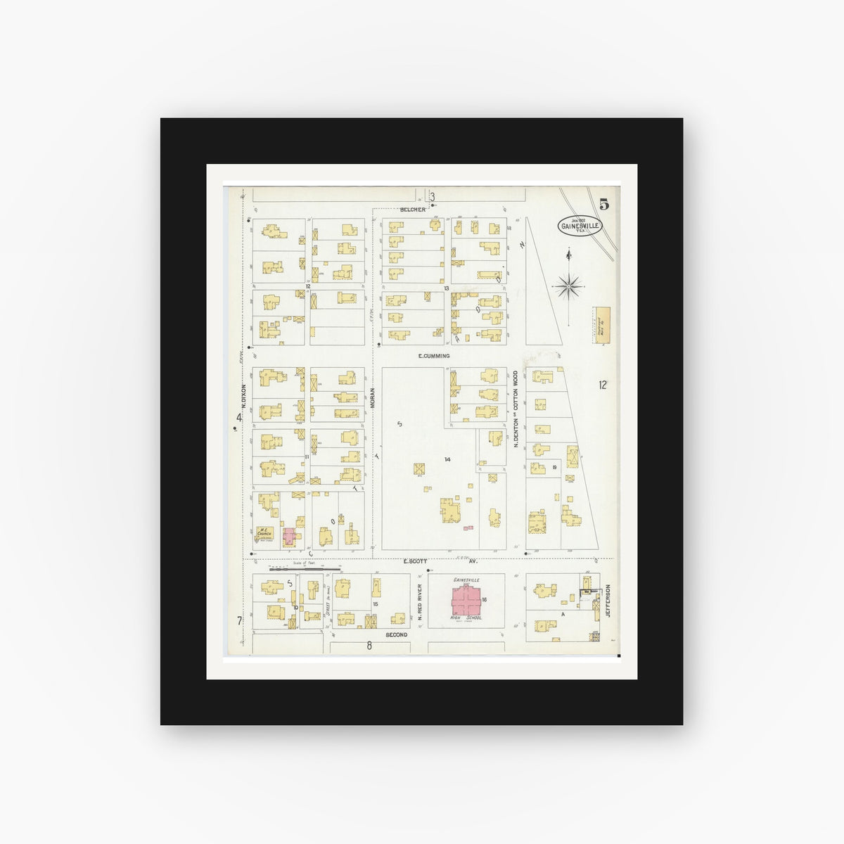 Old map wall art mockup — black gallery frame with white mat — Sanborn Fire Insurance Map from Gainesville, Cooke County, Texas (1902), Sheet #0005