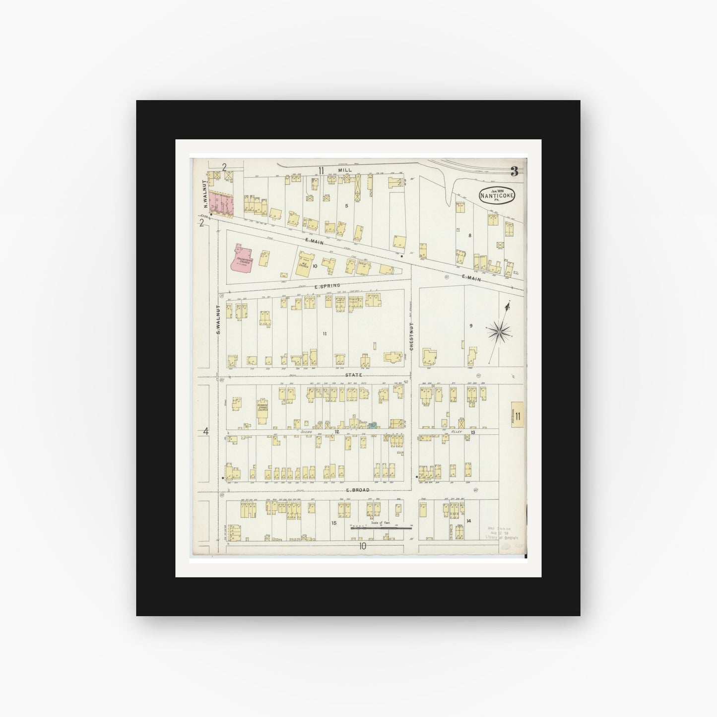 Old map wall art mockup — black gallery frame with white mat — Sanborn Fire Insurance Map from Nanticoke, Luzerne County, Pennsylvania (1896), Sheet #0003