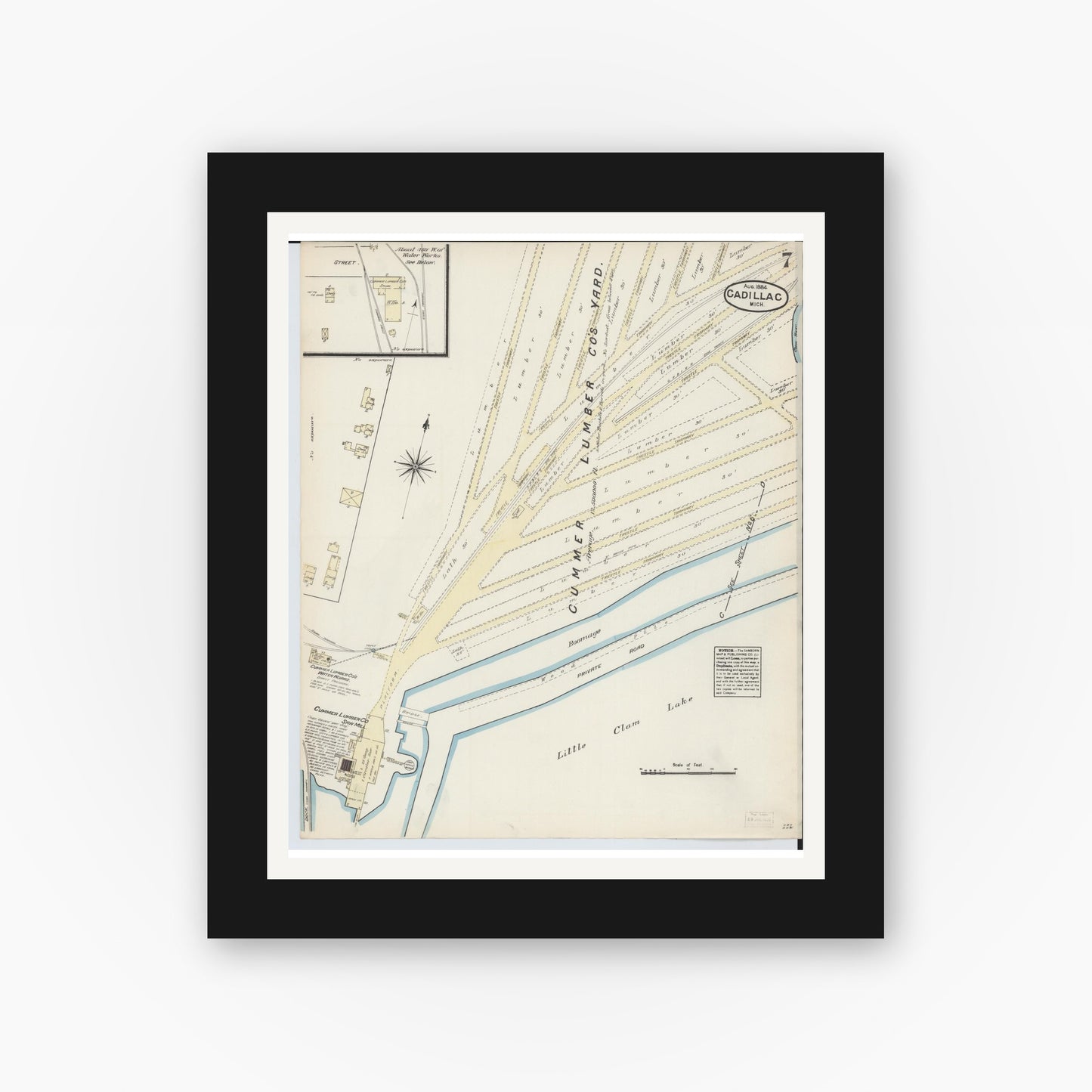 Old map wall art mockup — black gallery frame with white mat — Sanborn Fire Insurance Map from Cadillac, Wexford County, Michigan (1884), Sheet #0007