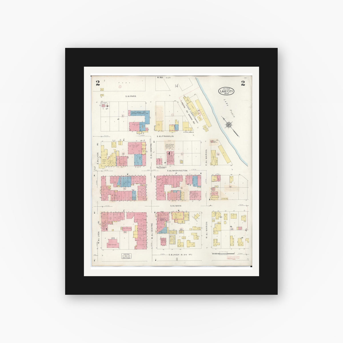 Old map wall art mockup β black gallery frame with white mat β Sanborn Fire Insurance Map from Lake City, Wabasha County, Minnesota (1938), Sheet #0002