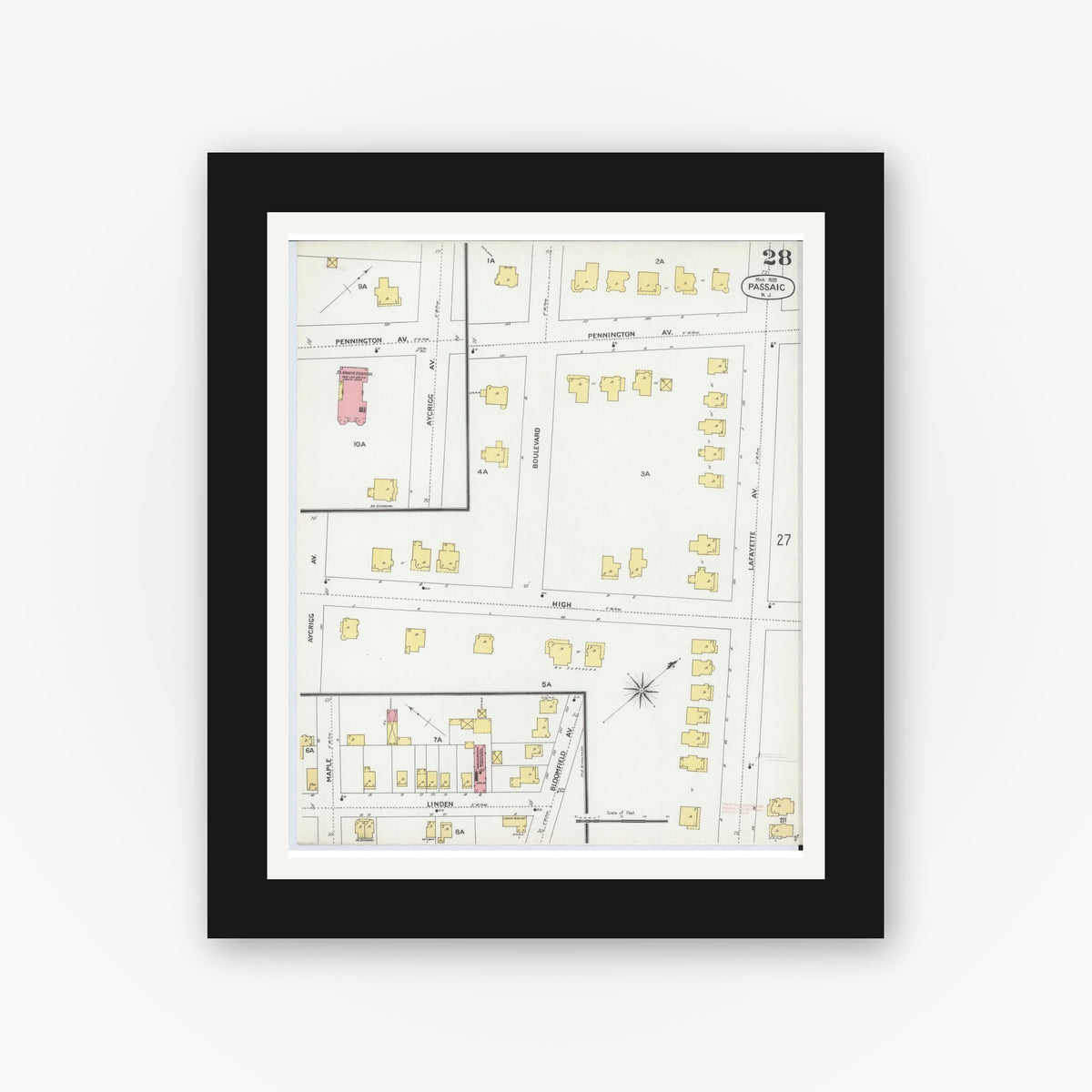 Old map wall art mockup — black gallery frame with white mat — Sanborn Fire Insurance Map from Passaic, Passaic County, New Jersey (1899), Sheet #0028