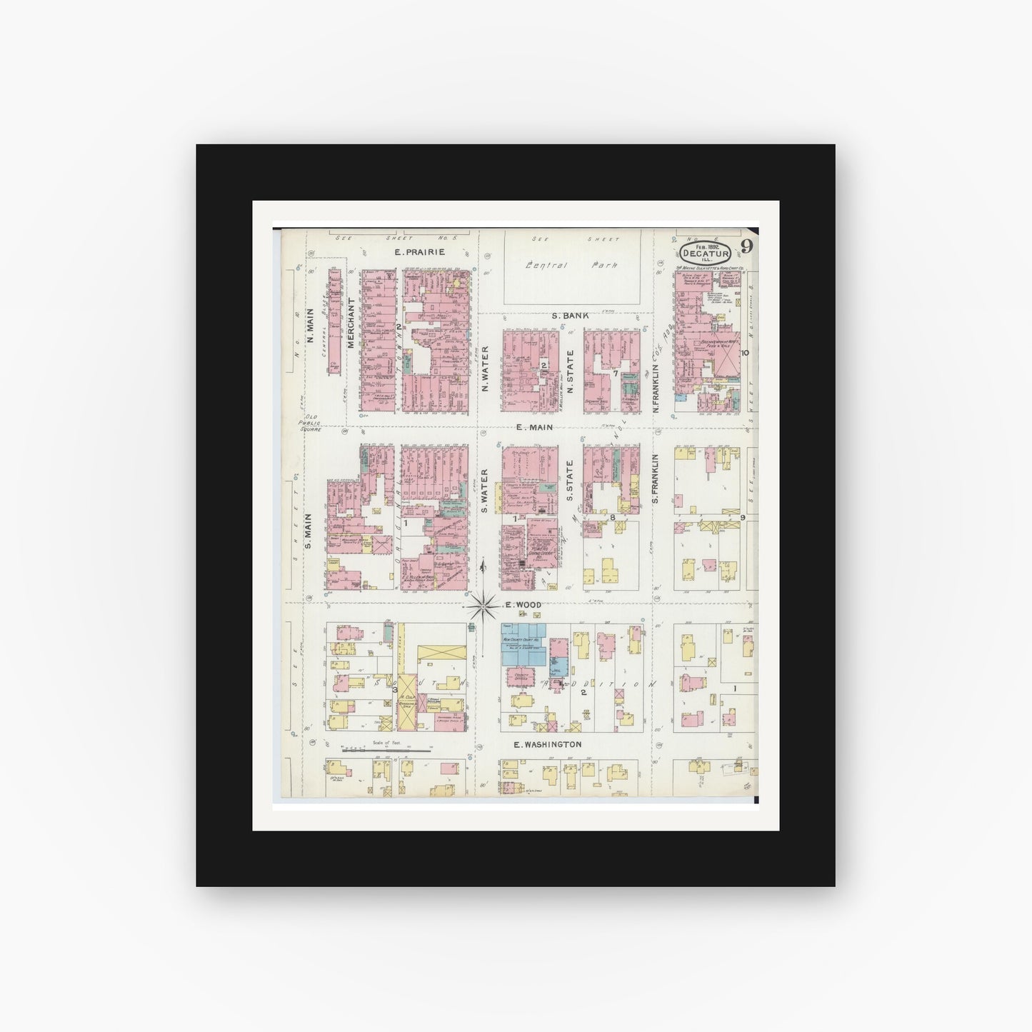 Old map wall art mockup — black gallery frame with white mat — Sanborn Fire Insurance Map from Decatur, Macon County, Illinois (1892), Sheet #0009