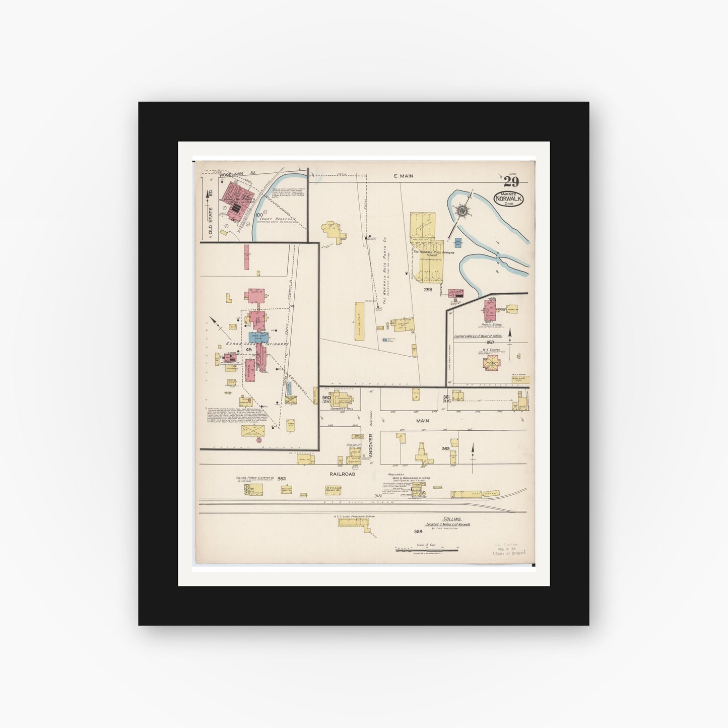 Old map wall art mockup — black gallery frame with white mat — Sanborn Fire Insurance Map from Norwalk, Huron County, Ohio (1922), Sheet #0029