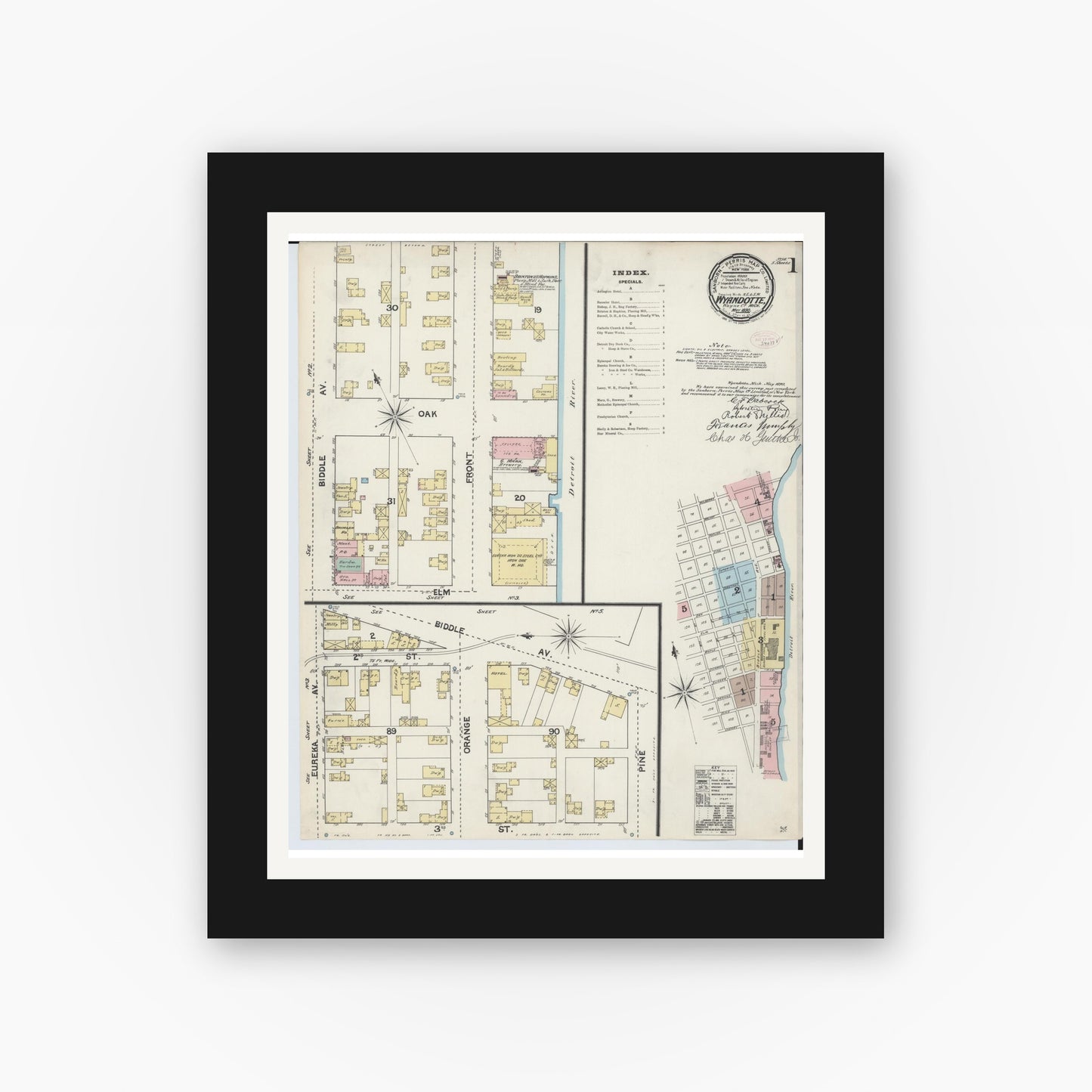 Old map wall art mockup — black gallery frame with white mat — Sanborn Fire Insurance Map from Wyandotte, Wayne County, Michigan (1890) - Complete Map Set