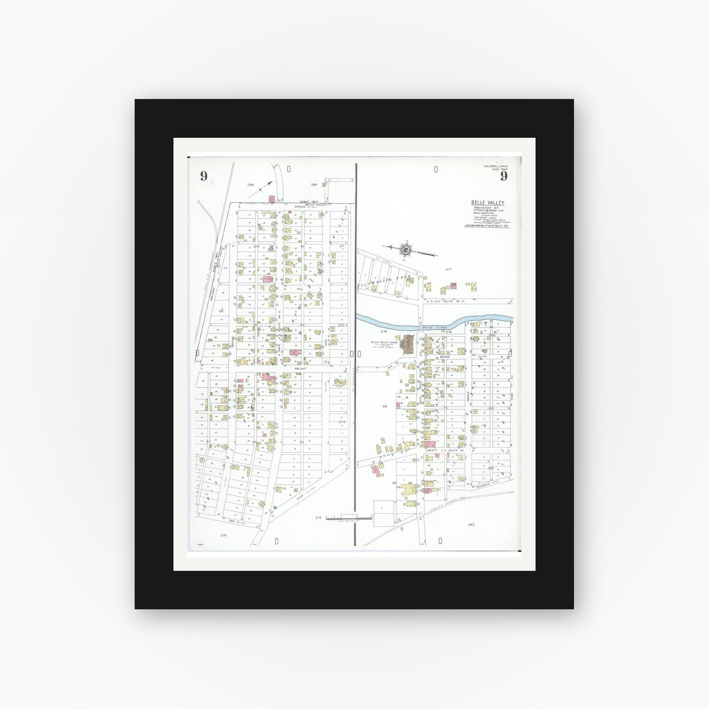 Old map wall art mockup — black gallery frame with white mat — Sanborn Fire Insurance Map from Caldwell, Noble County, Ohio (1948), Sheet #0009