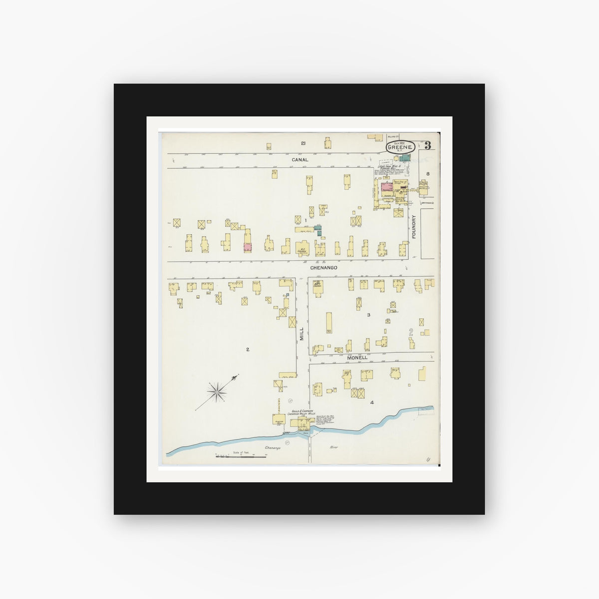 Old map wall art mockup — black gallery frame with white mat — Sanborn Fire Insurance Map from Greene, Chenango County, New York (1892), Sheet #0003