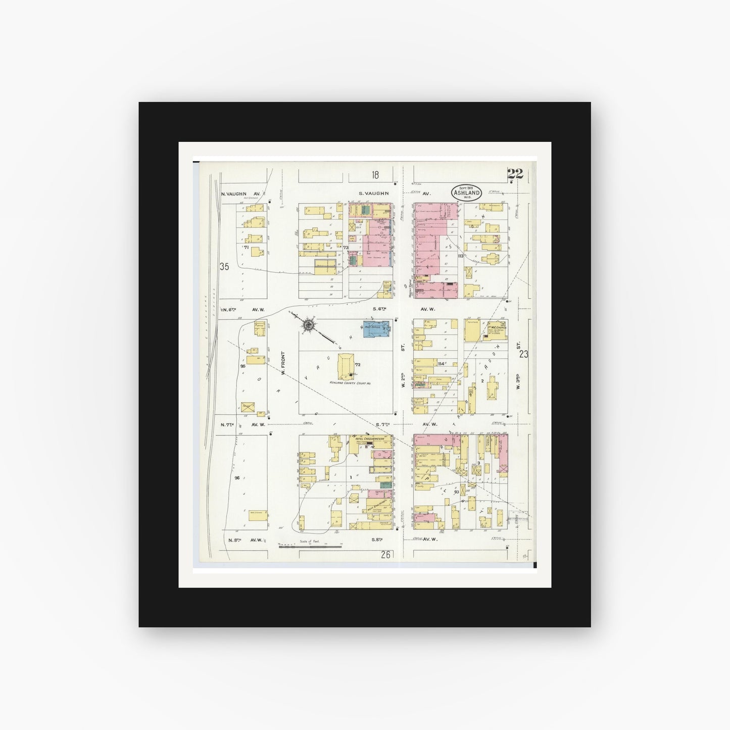 Old map wall art mockup — black gallery frame with white mat — Sanborn Fire Insurance Map from Ashland, Ashland County, Wisconsin (1909), Sheet #0022
