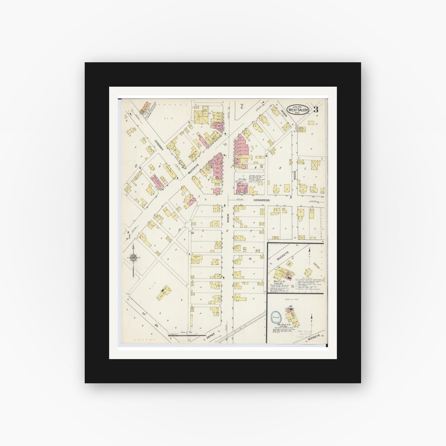 Old map wall art mockup — black gallery frame with white mat — Sanborn Fire Insurance Map from West Salem, Wayne County, Ohio (1915), Sheet #0003