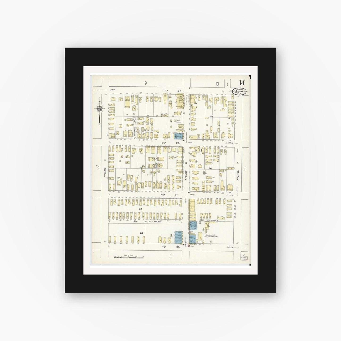 Old map wall art mockup — black gallery frame with white mat — Sanborn Fire Insurance Map from Miami, Dade County, Florida (1914), Sheet #0014