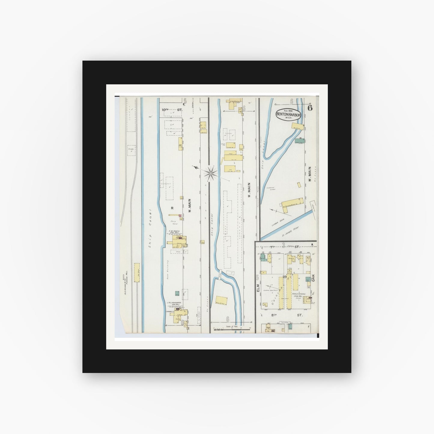 Old map wall art mockup — black gallery frame with white mat — Sanborn Fire Insurance Map from Benton Harbor, Berrien County, Michigan (1892), Sheet #0006