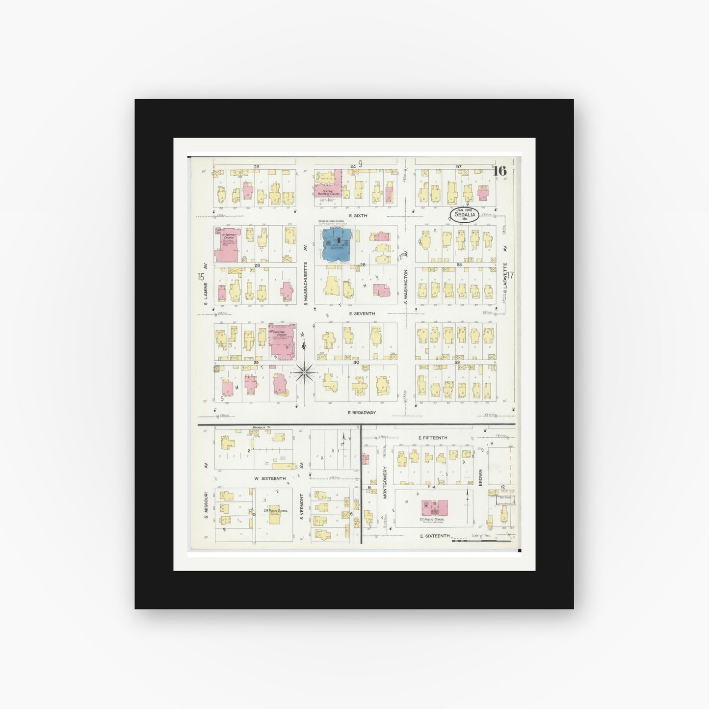 Old map wall art mockup — black gallery frame with white mat — Sanborn Fire Insurance Map from Sedalia, Pettis County, Missouri (1908), Sheet #0016
