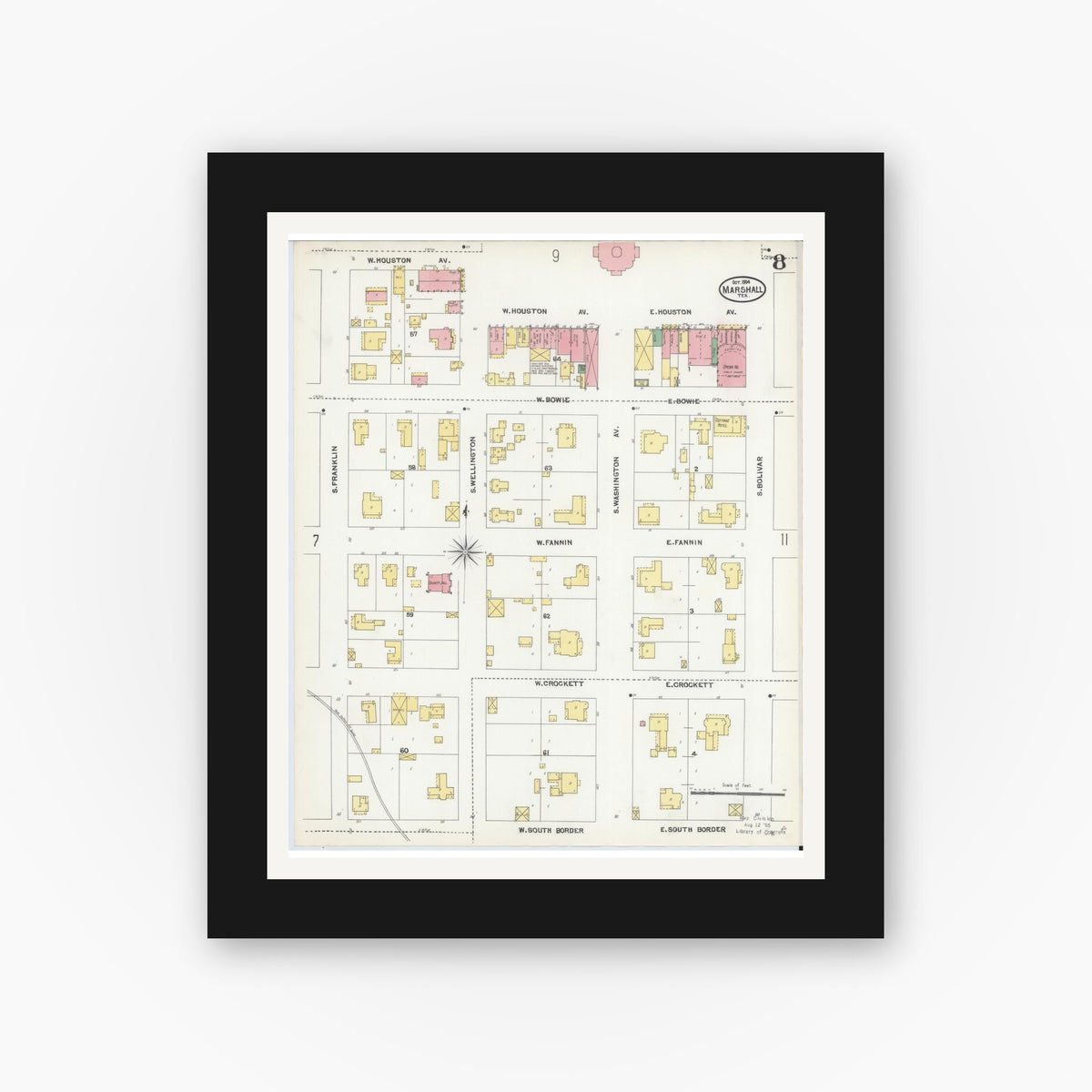 Old map wall art mockup — black gallery frame with white mat — Sanborn Fire Insurance Map from Marshall, Harrison County, Texas (1904), Sheet #0008