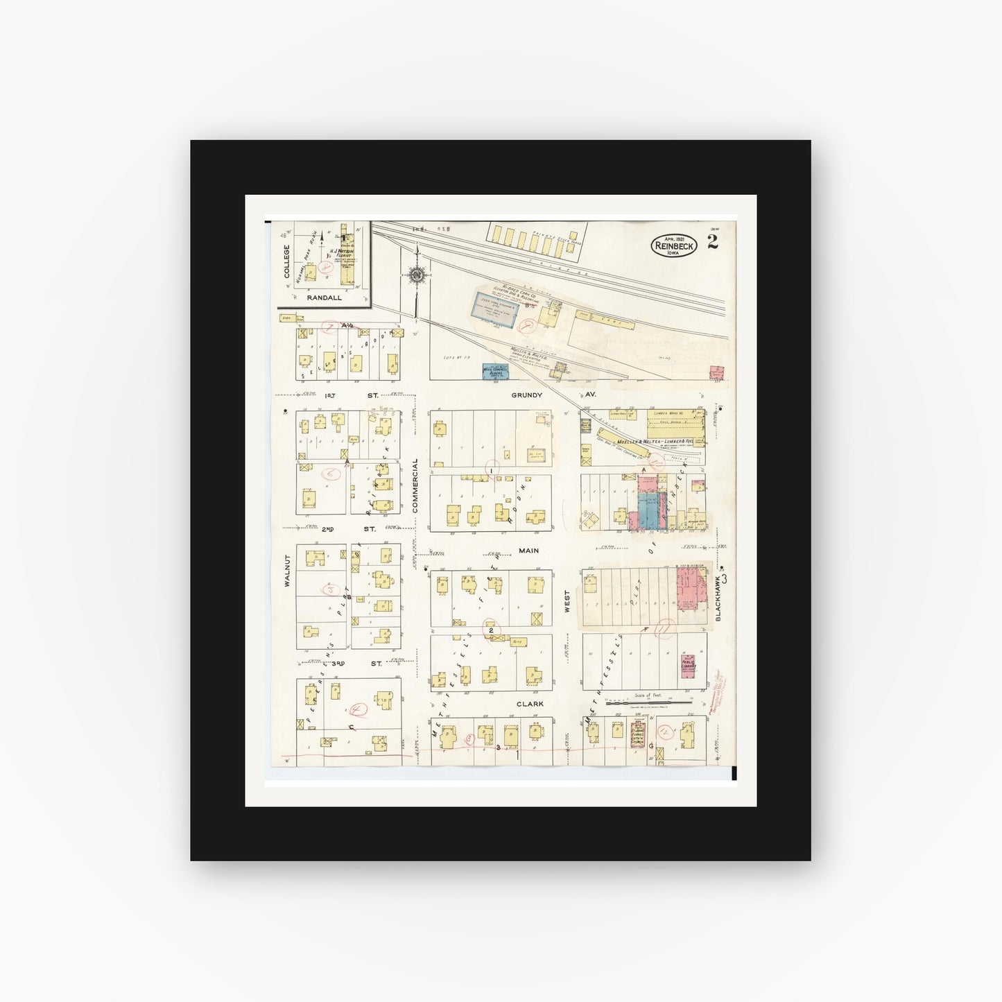 Old map wall art mockup β black gallery frame with white mat β Sanborn Fire Insurance Map from Reinbeck, Grundy County, Iowa (1935), Sheet #0002