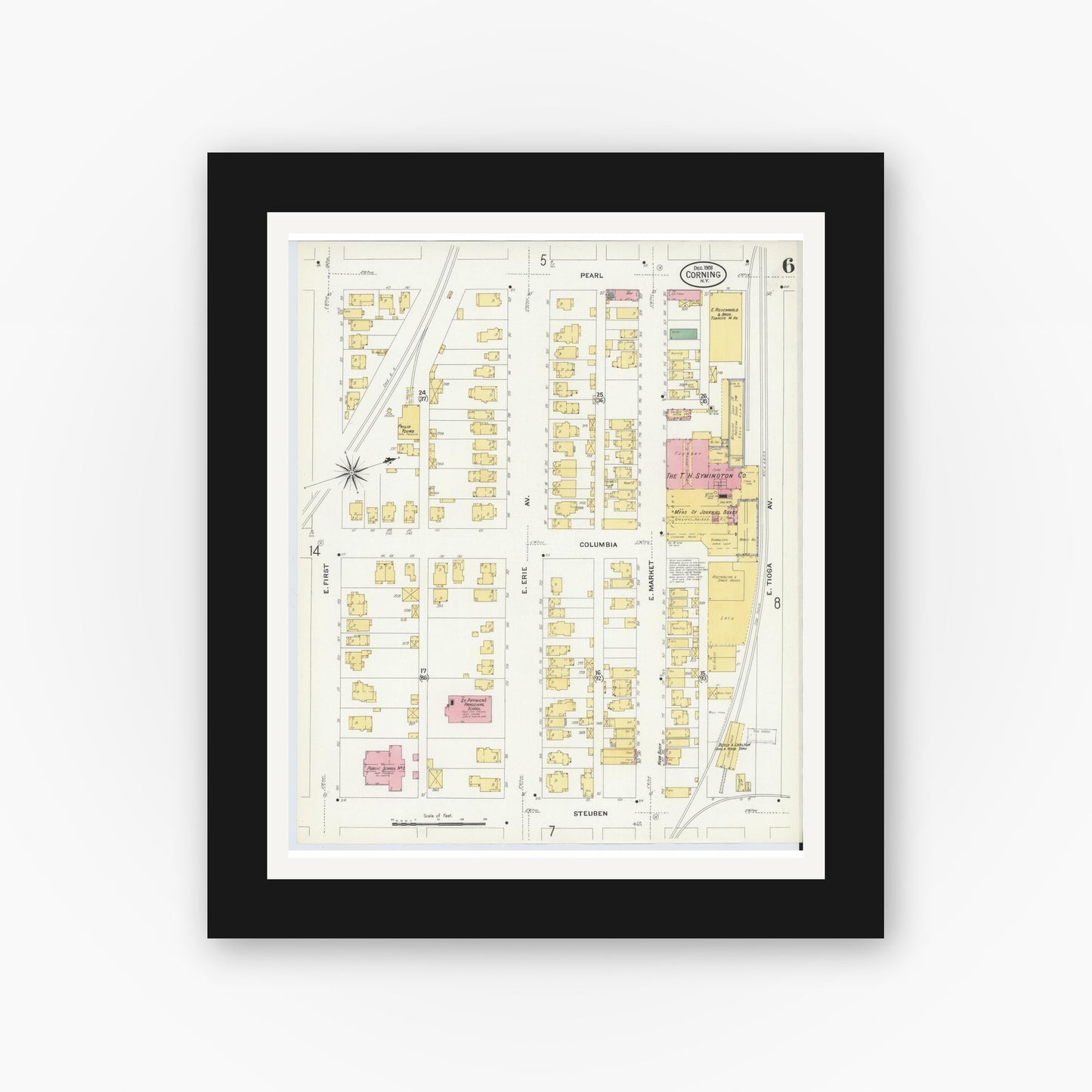 Old map wall art mockup — black gallery frame with white mat — Sanborn Fire Insurance Map from Corning, Steuben County, New York (1908), Sheet #0006