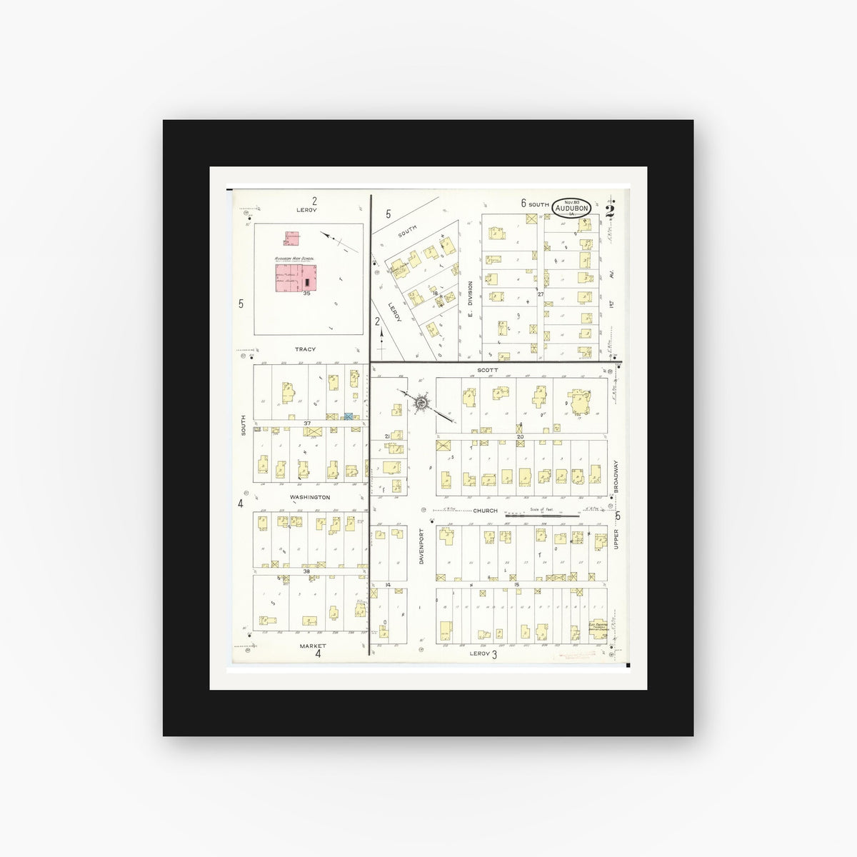 Old map wall art mockup — black gallery frame with white mat — Sanborn Fire Insurance Map from Audubon, Audubon County, Iowa (1913), Sheet #0002