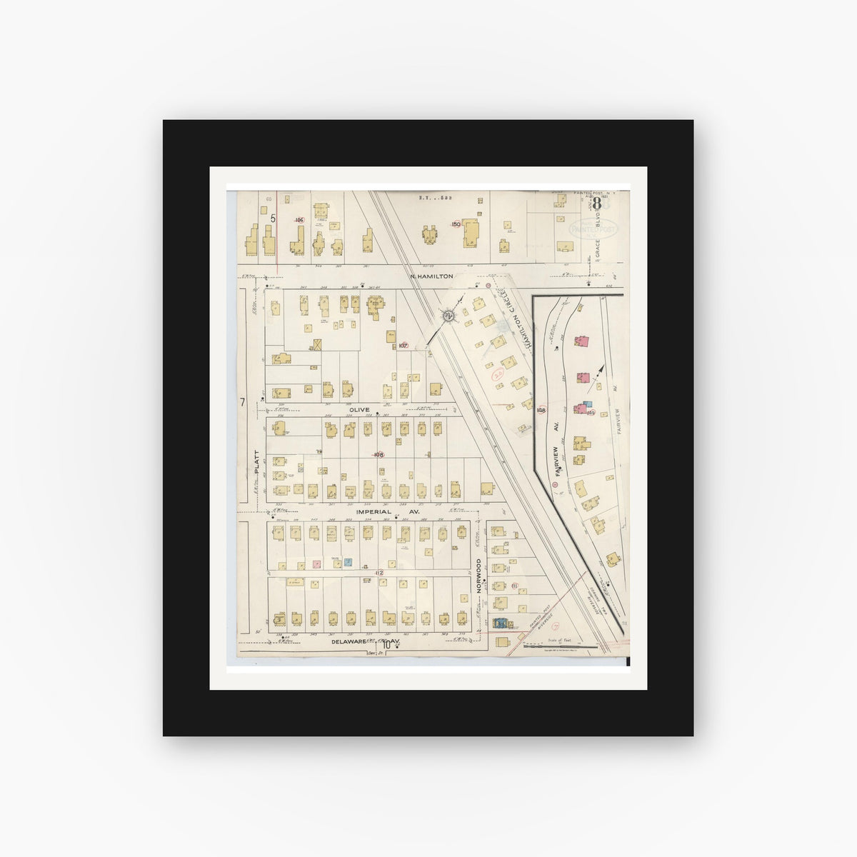 Old map wall art mockup — black gallery frame with white mat — Sanborn Fire Insurance Map from Painted Post, Steuben County, New York (1943), Sheet #0008