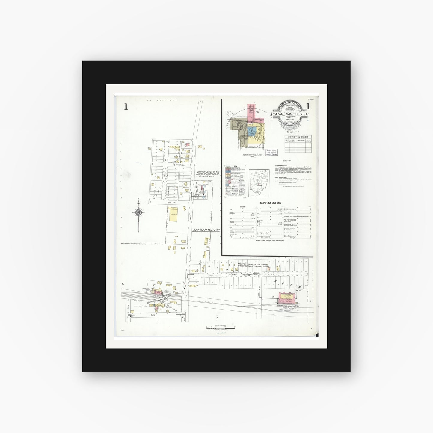 Old map wall art mockup — black gallery frame with white mat — Sanborn Fire Insurance Map from Canal Winchester, Franklin County, Ohio (1941), Sheet #0001