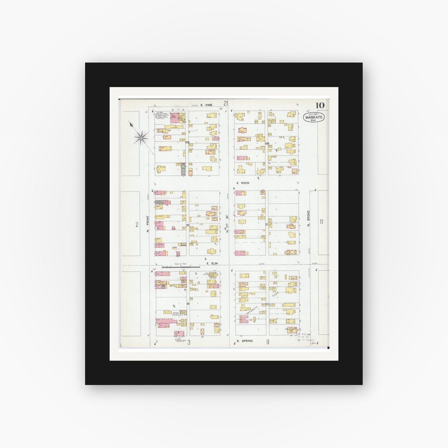 Old map wall art mockup — black gallery frame with white mat — Sanborn Fire Insurance Map from Mankato, Blue Earth County, Minnesota (1900), Sheet #0010